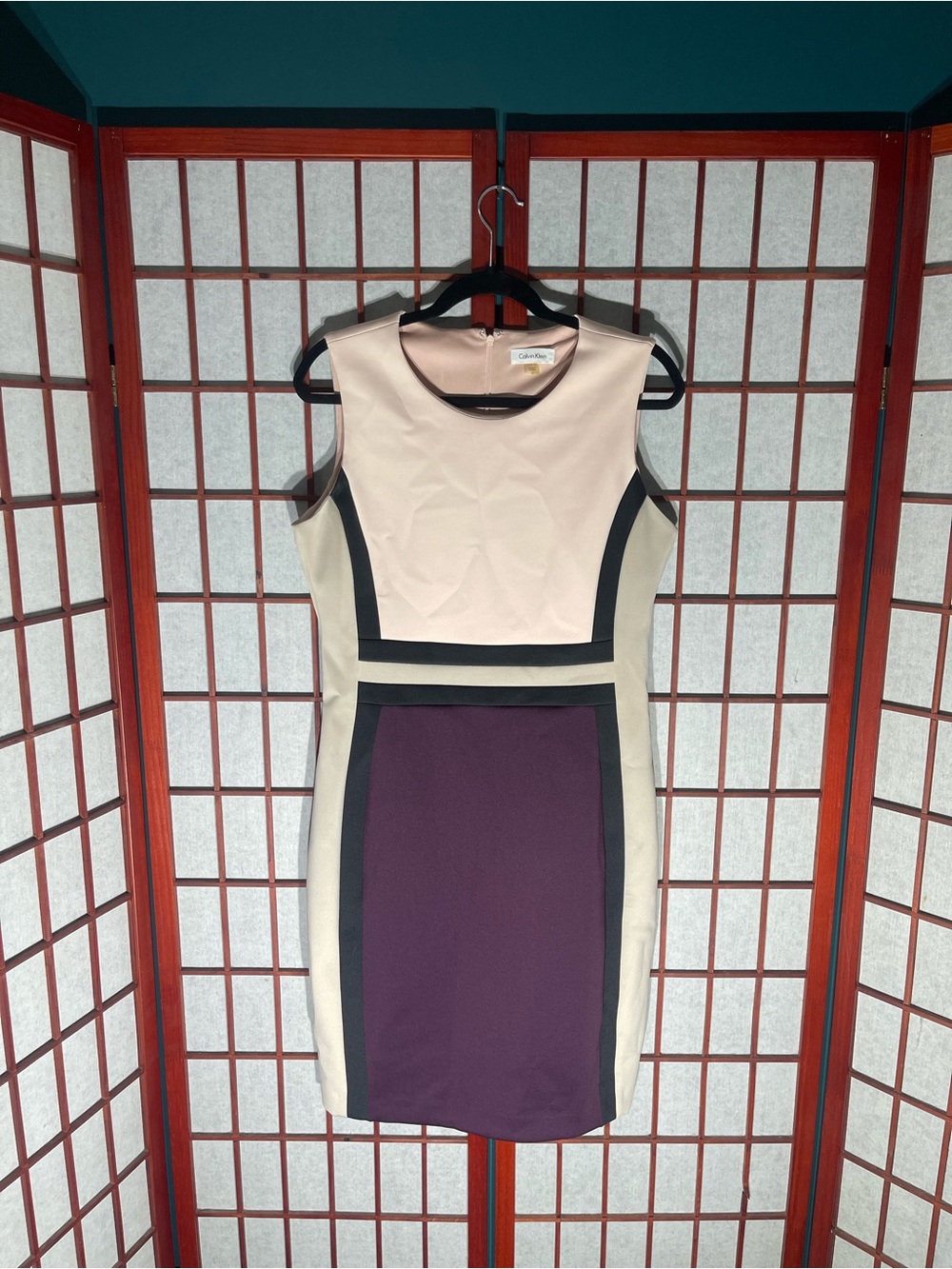 Calvin Klein Blush, Cream and Plum Colorblock Sheath Dress
